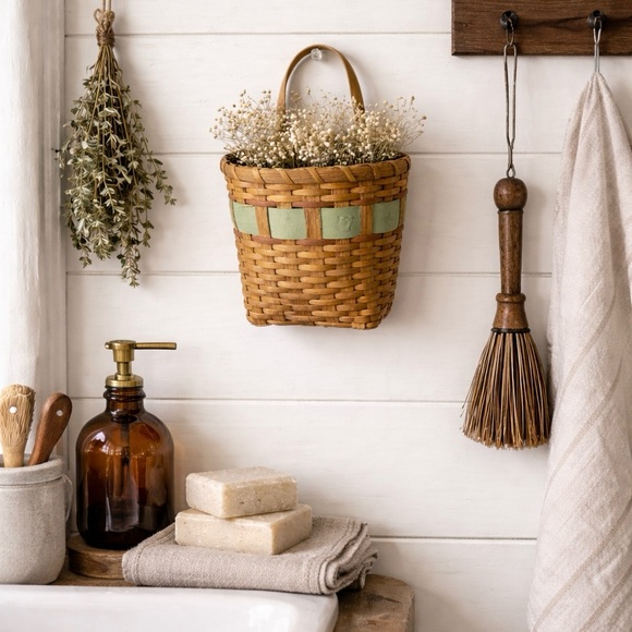 Vintage Woven Wood Basket with Handle | Rustic Farmhouse Storage Basket - Picture 3 of 12